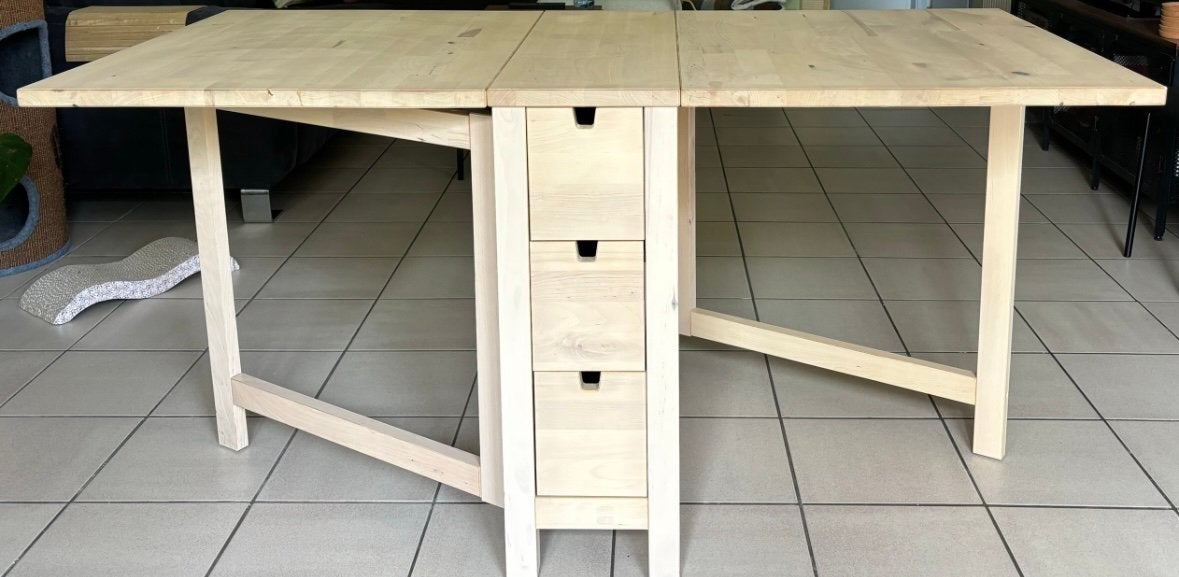 IKEA NORDEN klaptafel met 6 lades – €140, Doe-het-zelf en Bouw, Ophalen, Zo goed als nieuw, Inklapbaar