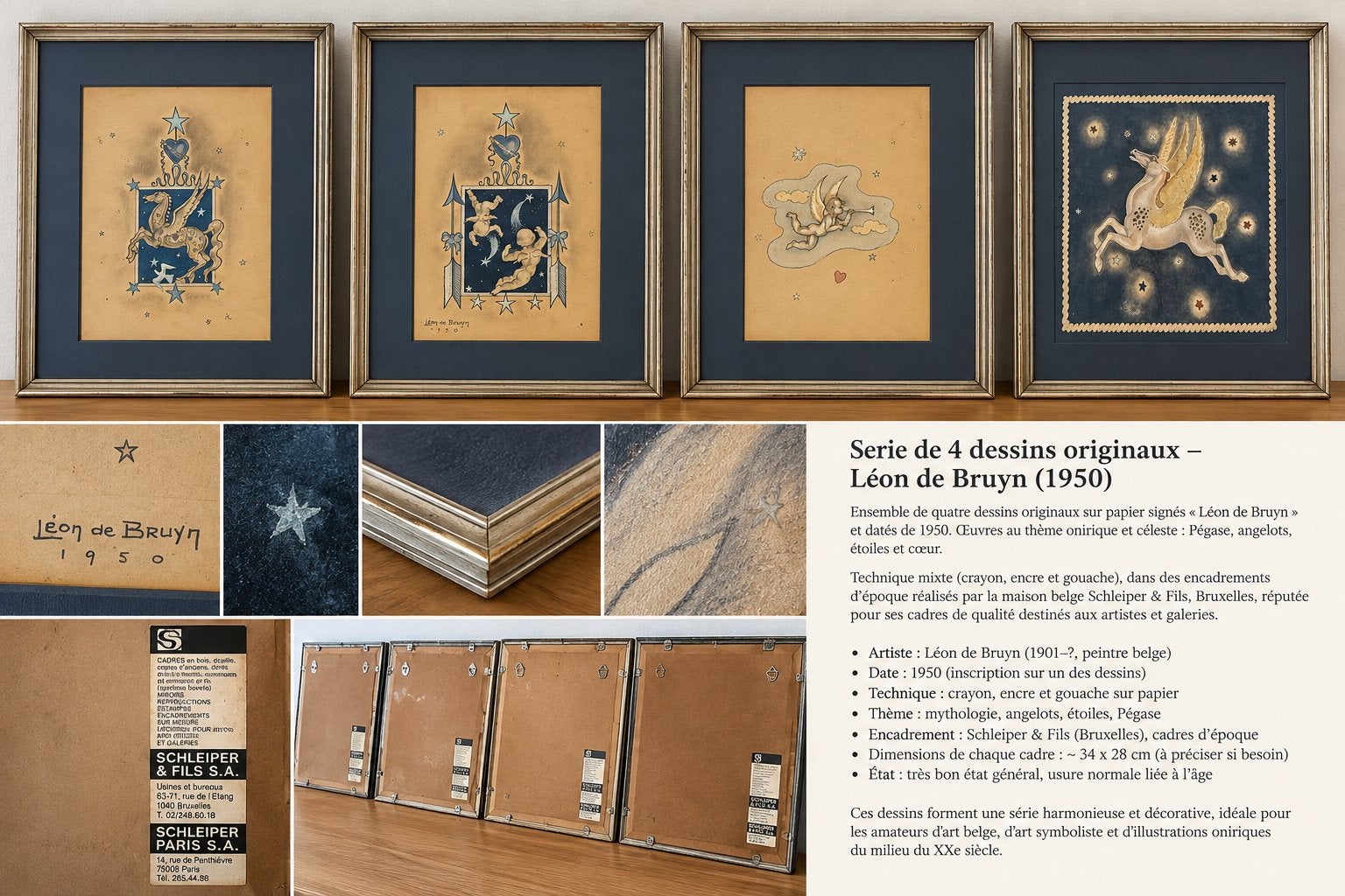 Léon de Bruyn — Set van 4 oude tekeningen — rond 1950 —, Ophalen