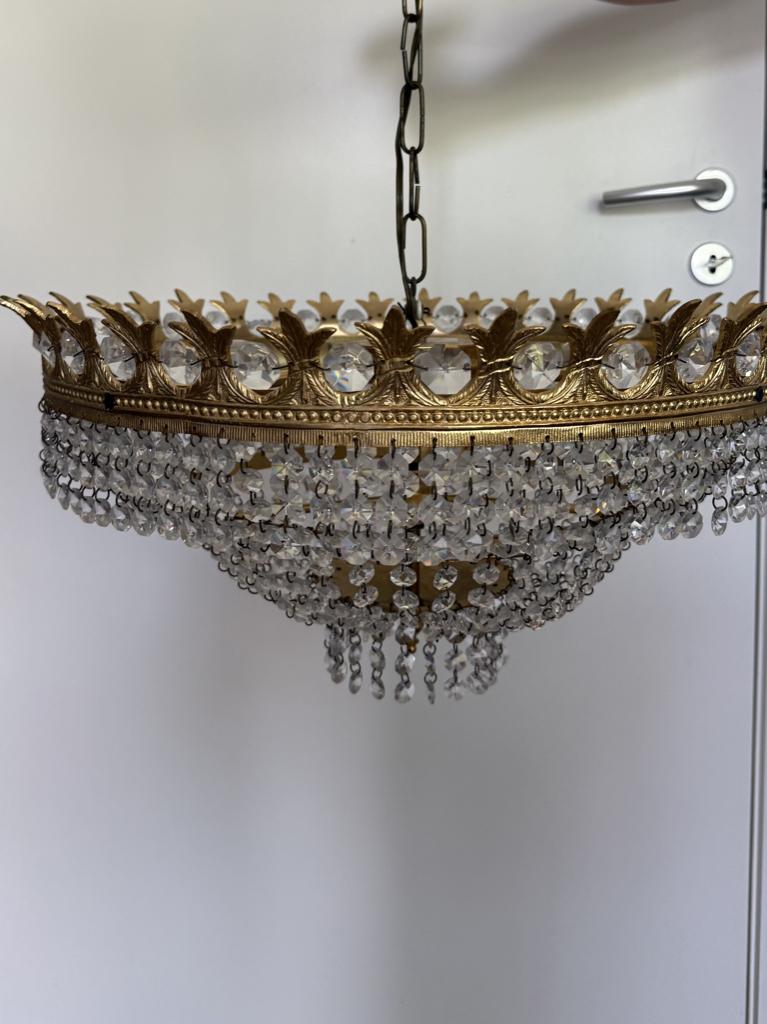Kristallen luchter, Ophalen, Gebruikt, Metaal, “Vintage kristallen hanglamp met goudkleurige afwerking