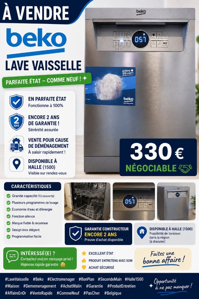 ave-vaisselle Beko inox,parfait état,  propre ,fonctionnel, Ophalen, Zo goed als nieuw
