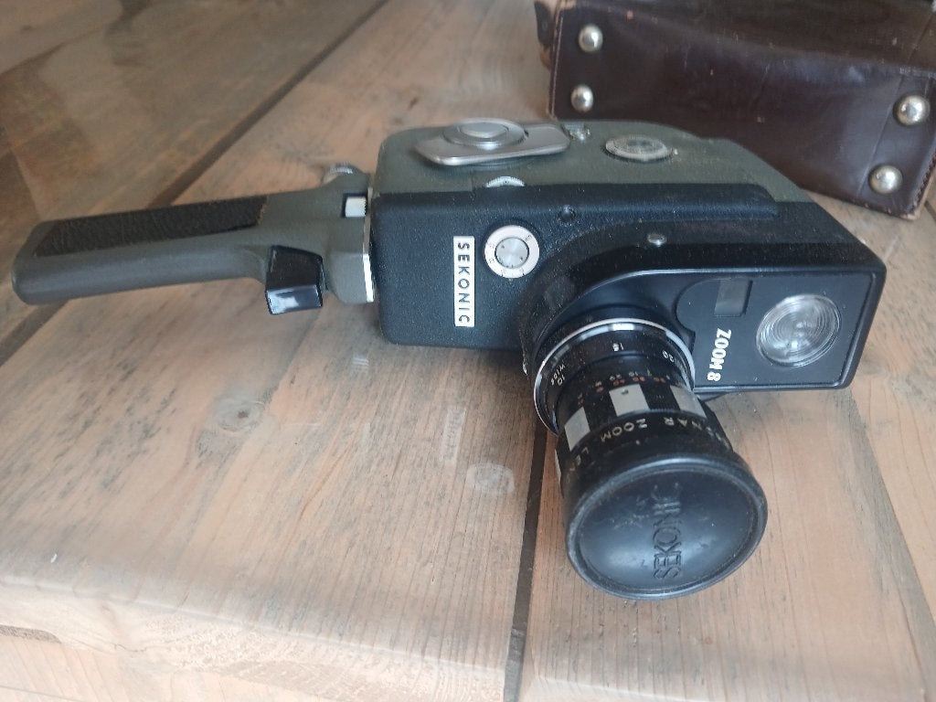 Werkende Sekonic Zoom 8mm filmcamera + lederen tas, Ophalen, 1960 tot 1980, Filmcamera