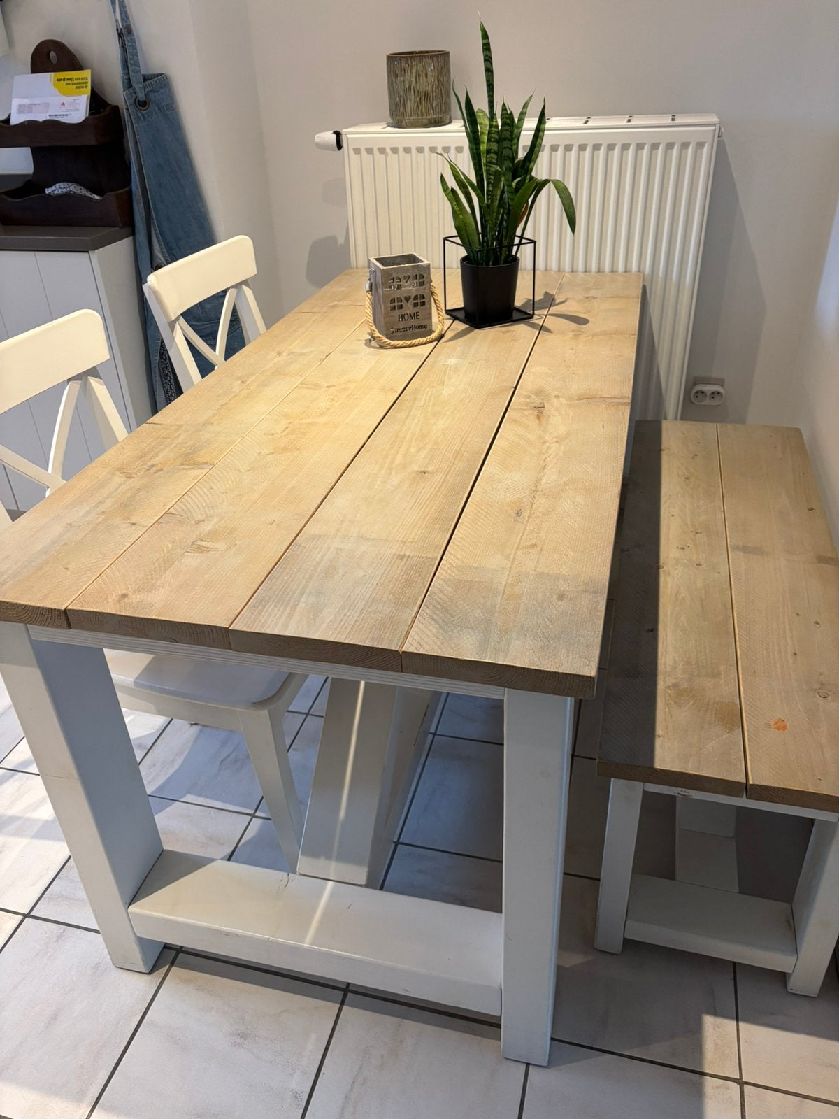 Tafel van steigerhout met bankje, Ophalen, Gebruikt, 50 tot 100 cm, 150 tot 200 cm