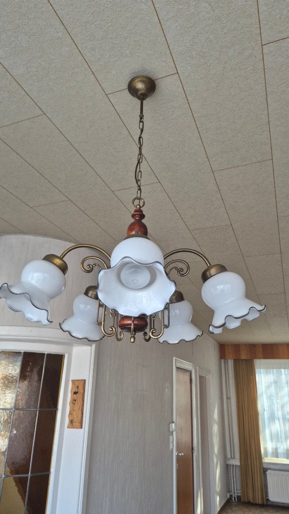 luster met 5 bloemvormige kappen, Huis en Inrichting, Ophalen, Zo goed als nieuw, Glas, E27 (groot)