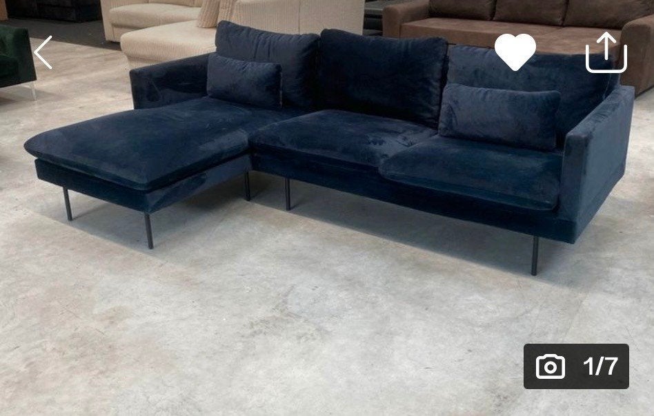 moderne donkerblauwe fluwelen hoekbank, Ophalen, Overige materialen, Modern design, Gebruikt