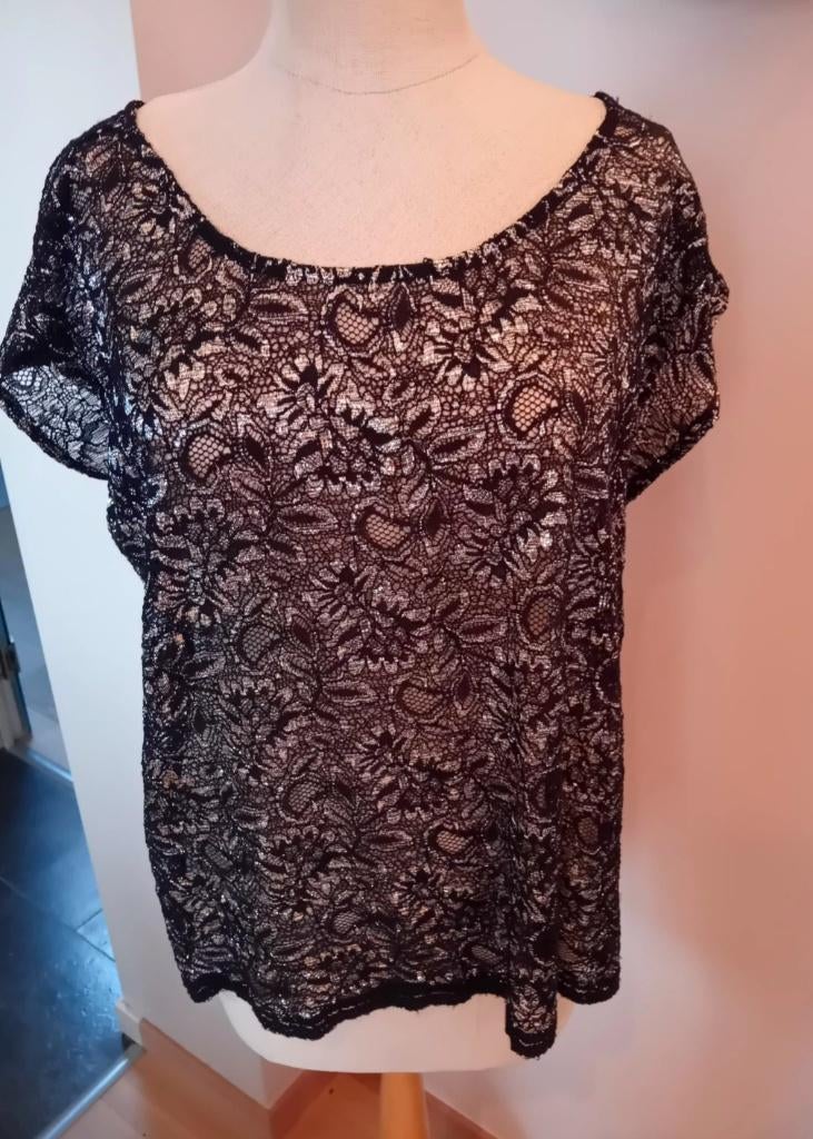 Zwart/zilveren bloesje,  maat 44/46, Taille 42/44 (L), Enlèvement ou Envoi, Comme neuf, Onbekend