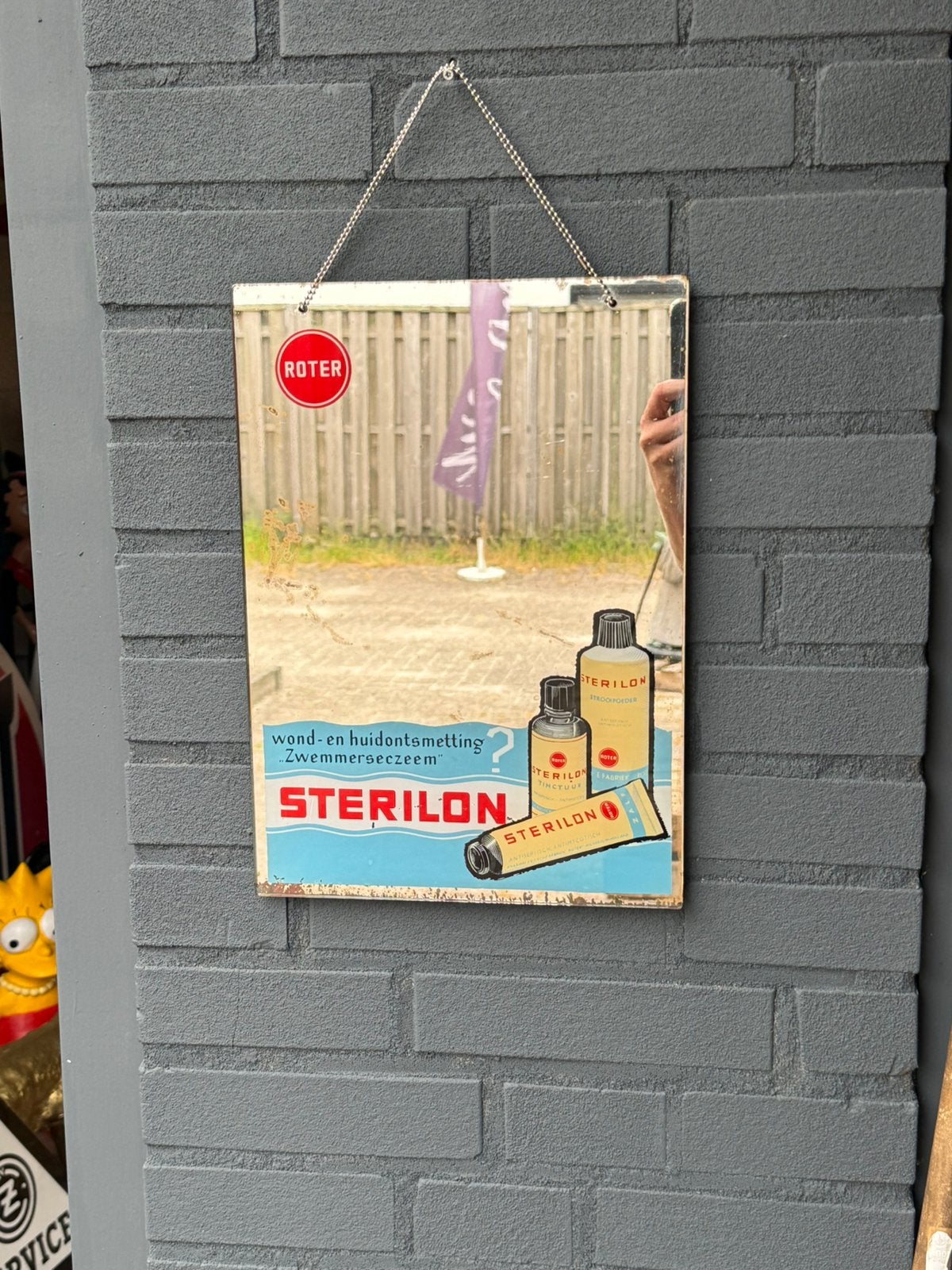 Roter Sterilon oude reclame spiegel, Verzamelen, Ophalen, Gebruikt, Reclamebord