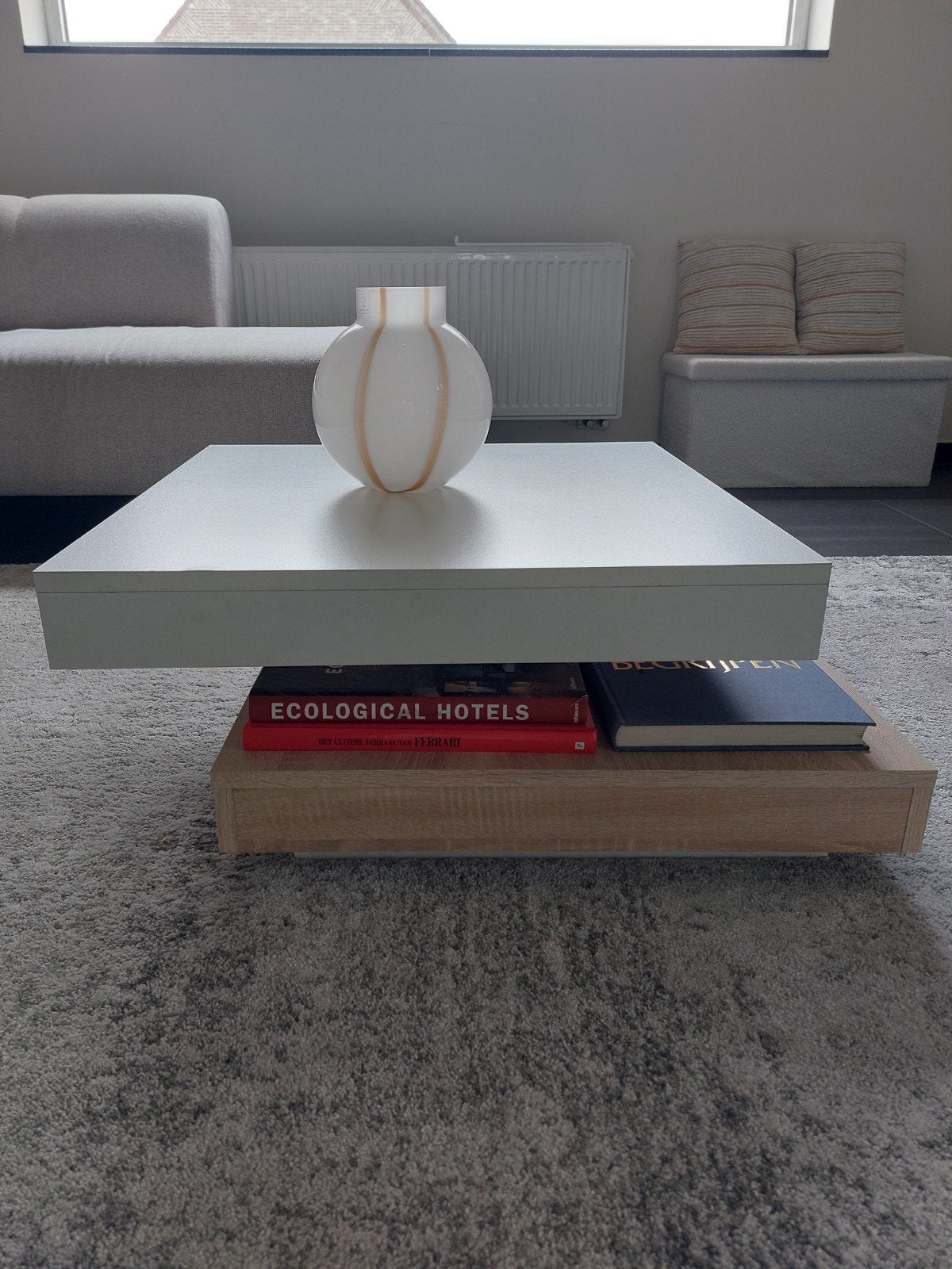 wit/eiken look toffe salontafel 67x67 die draait, Ophalen, Kunststof, Vierkant, 50 tot 100 cm