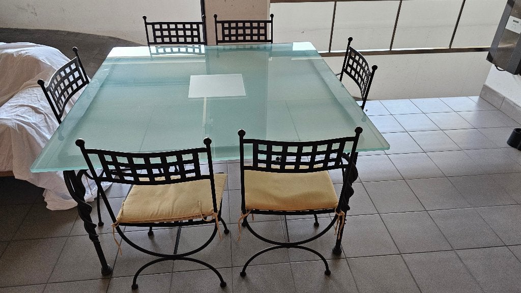Glazen tafel met 6 stoelen, Ophalen, Gebruikt, Vierkant, Glas