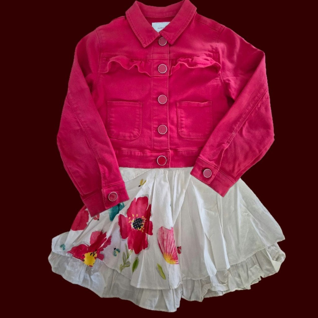 Catimini 5-jarige fuchsia-jeansjas en bloemenjurkset!, Kinderen en Baby's, Ophalen, Catimini, Meisje, Zo goed als nieuw