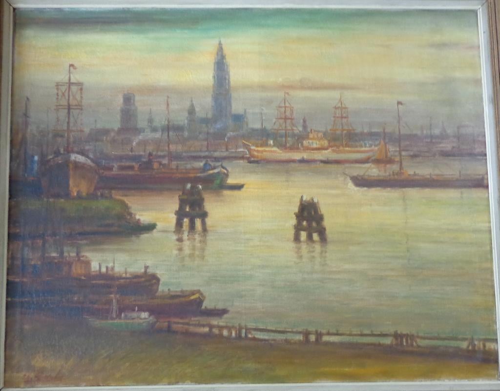 URBAIN GERLO / ZICHT OP ANTWERPEN / OLIEVERF DOEK 123x148cm, Antiek en Kunst, Ophalen