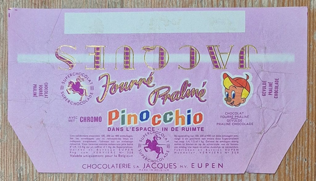 Emballage Chocolat Jacques Pinocchio dans l'espace 1965, Verzamelen, Ophalen of Verzenden, Gebruikt, Verpakking