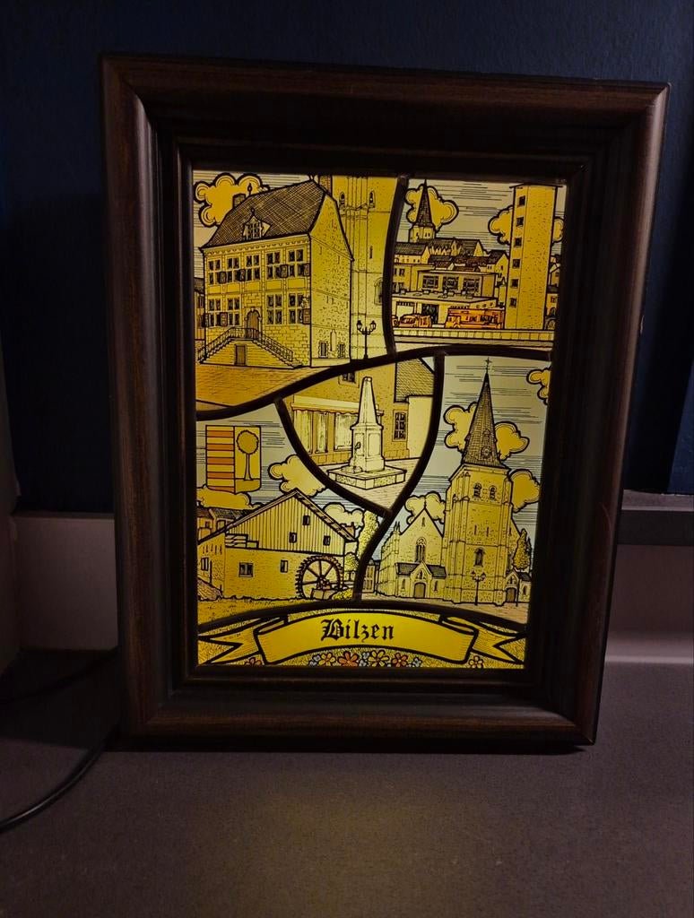 glas in lood- lichtbak- stad Bilzen- gesigneerd, Ophalen of Verzenden