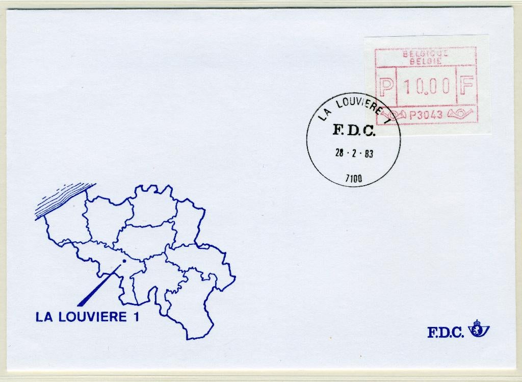 (B) Enveloppe ATM43 FDC 1983 - La Louvière 1 (P3043), Enlèvement ou Envoi, Affranchi, Avec enveloppe, Oblitération 1er jour