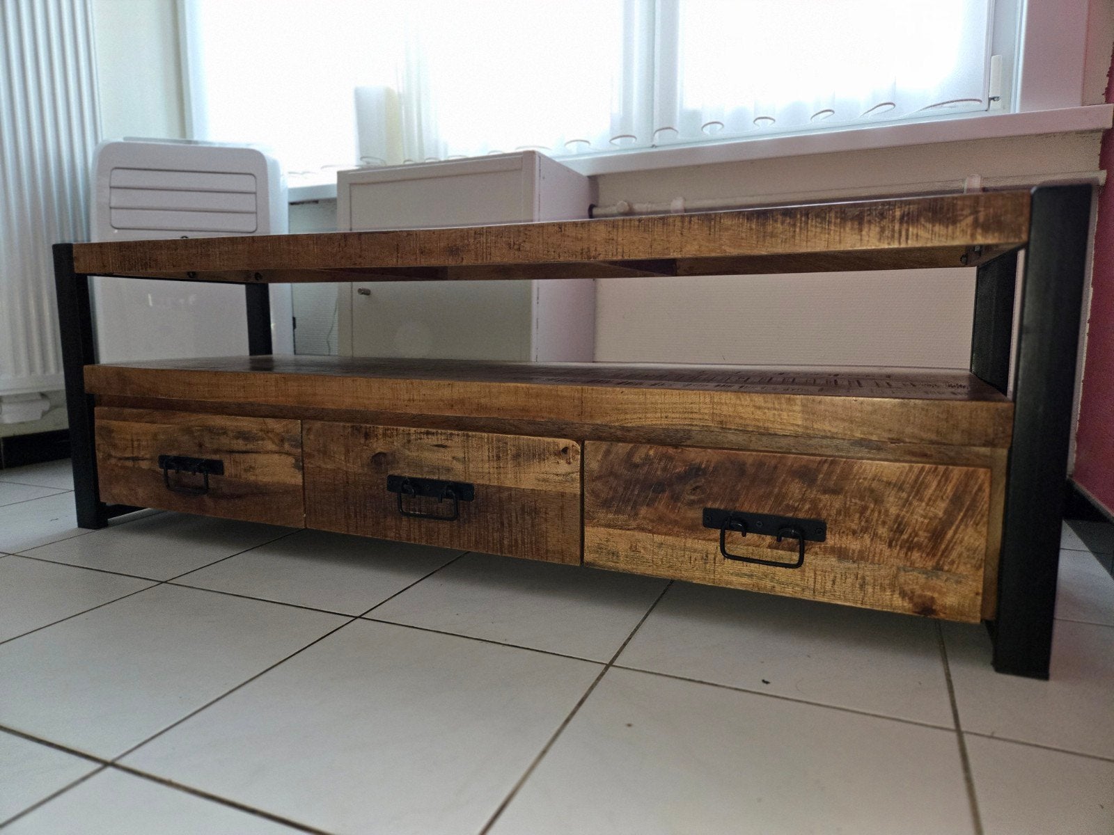 Degelijk TV-meubel + salontafel, Teck, 25 à 50 cm, Moins de 100 cm, Comme neuf