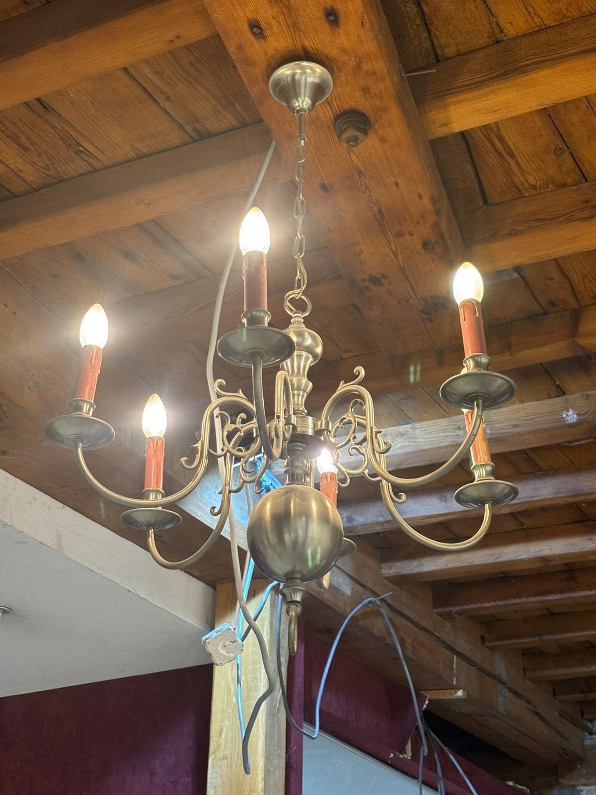 Lustre antique 6 bras laiton, Huis en Inrichting, Ophalen, Gebruikt