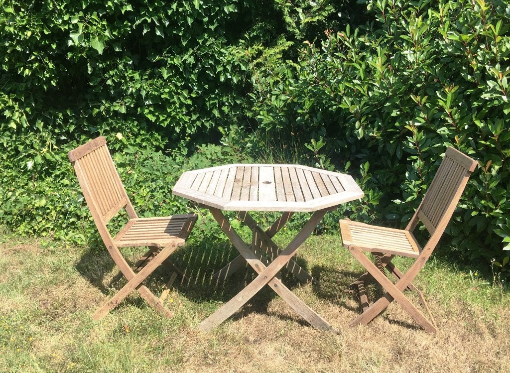 tafel - tuintafel teak 90 cm incl. stoelen, Ophalen, Gebruikt, Teakhout