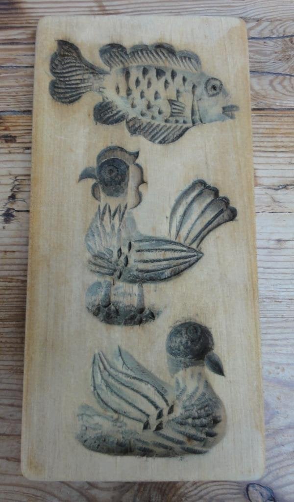  Oud houten plankje met vogels en vis, Ophalen of Verzenden