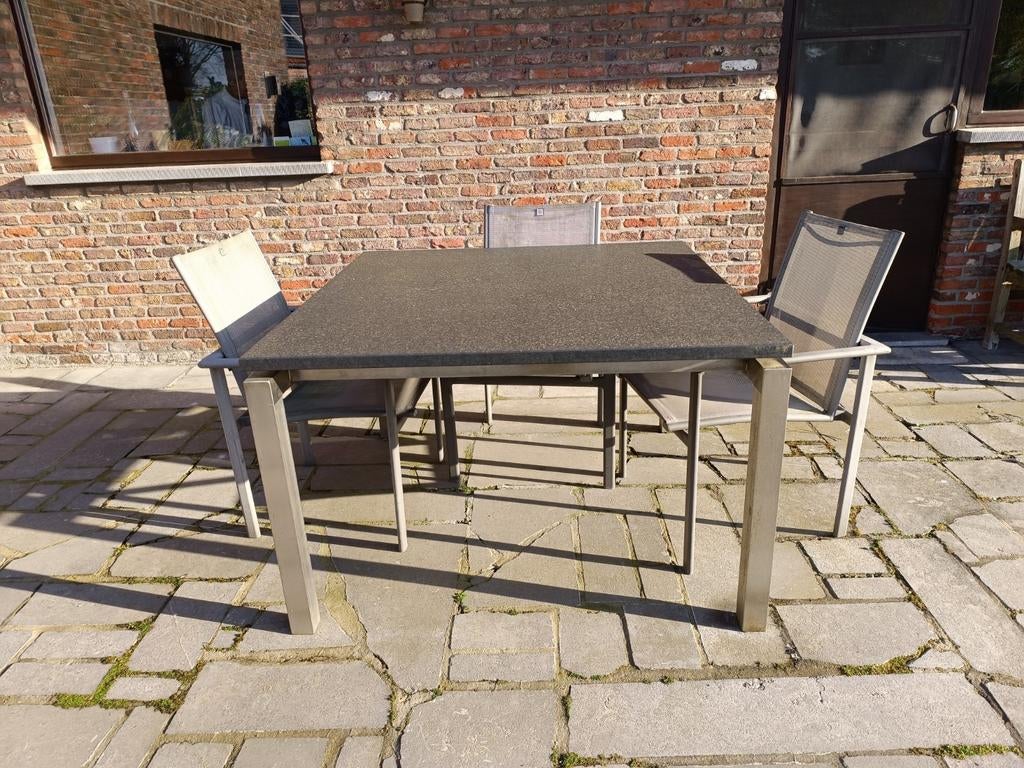 Tuintafel en 4 stoelen, Tuin en Terras, Ophalen, Inox