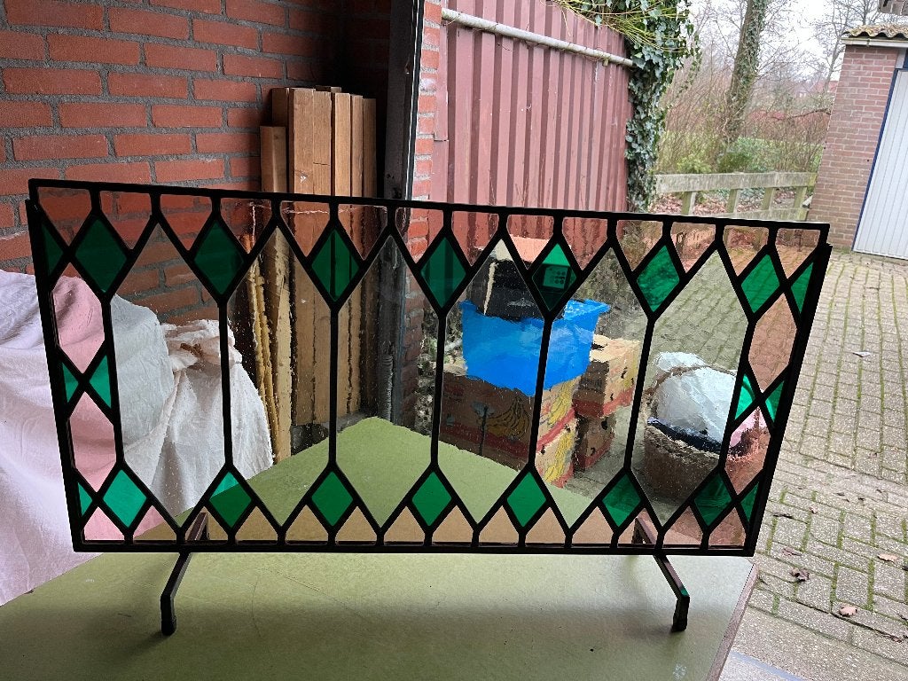 Glas in lood voorzetraam in gekleurd glas en metalen frame, Ophalen, Nieuw, Glas