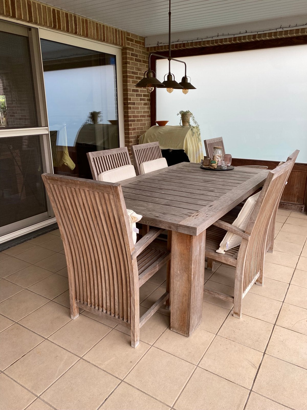 Te koop: teak tuintafel met 6 stoelen en kussens, Tuin en Terras, Ophalen, Gebruikt, 6 zitplaatsen, Teakhout
