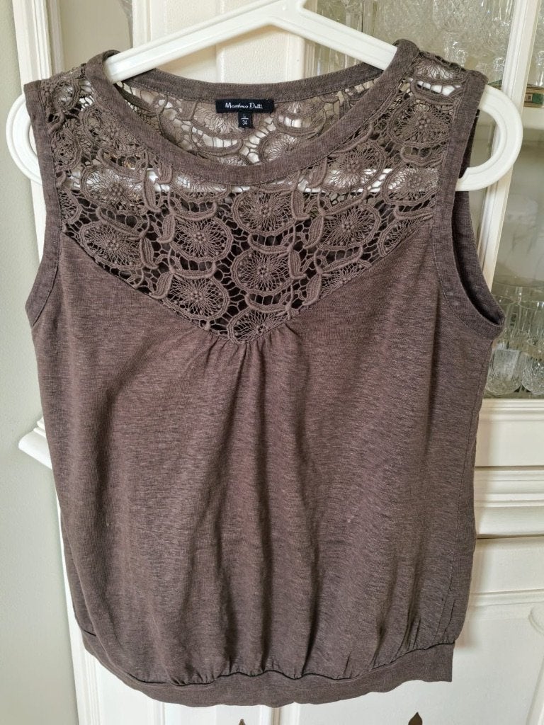 Top/t-shirt marron, dentelle, Massimo Dutti, L, Kleding | Dames, Topjes, Ophalen of Verzenden, Zo goed als nieuw