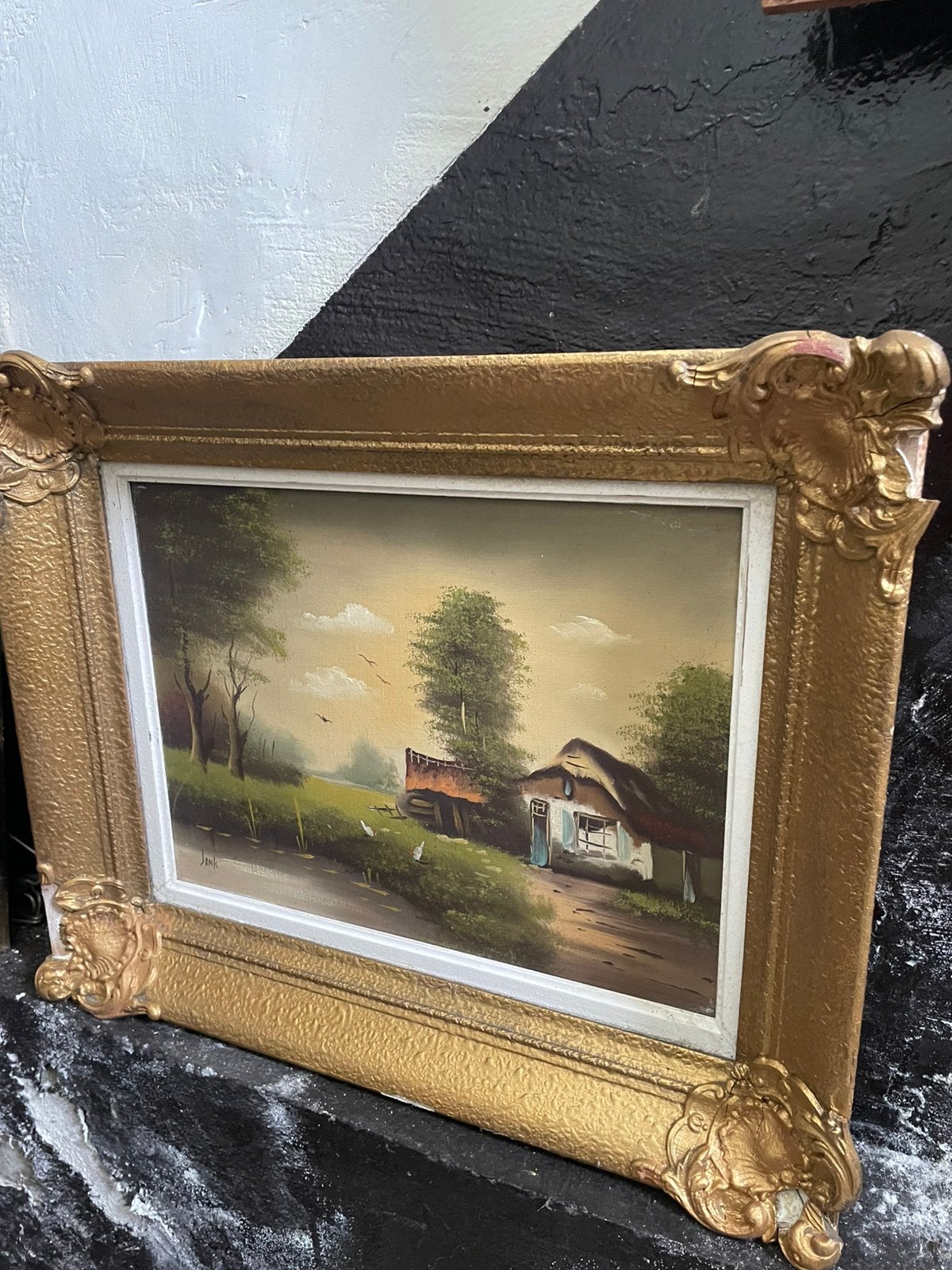 Hollands polderlandschap met boerderij, Antiek en Kunst, Ophalen, Vintage, Landschap, Doek
