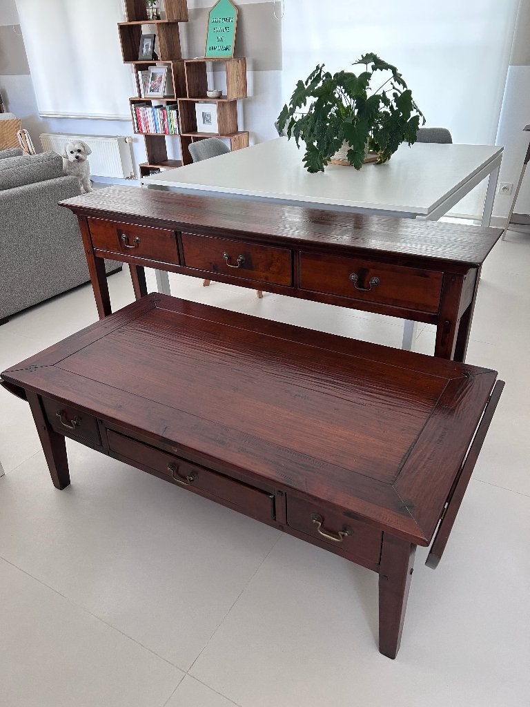 Robuuste houten salontafel met uitklap + sidetable/dressoir, Huis en Inrichting, Ophalen, Gebruikt, 100 tot 150 cm, Koloniaal