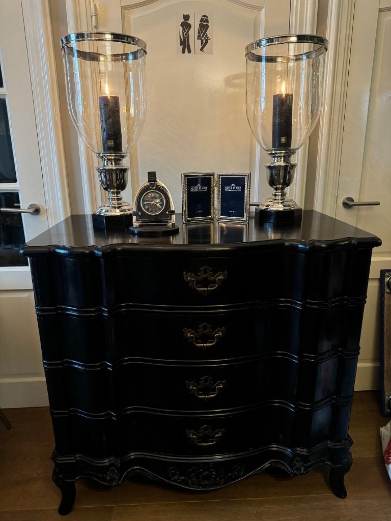 Uniek mooie Eichholtz ladekast Bohemian zwart pianolak, Huis en Inrichting, Ophalen, 100 tot 150 cm, 50 tot 100 cm, Zo goed als nieuw
