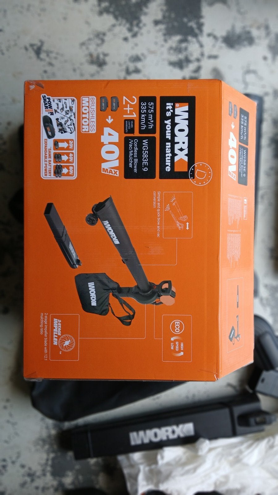 Worx WG583E.9 3-in-1 bladblazer op batterijen - 40V, Tuin en Terras, Bladblazers, Zo goed als nieuw, Accu, Met opvangzak