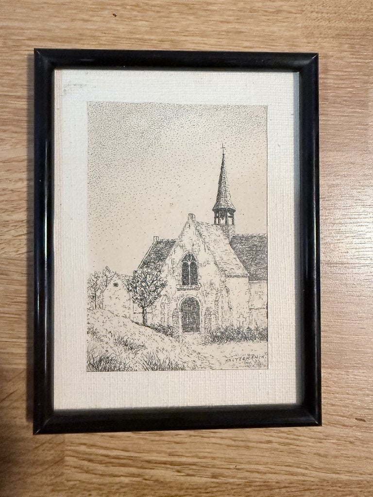 2 pentekeningen Karel Halterman – Vlassenbroek & Lissewege, Antiquités & Art, Enlèvement ou Envoi, Eau-forte, Dessin à la plume