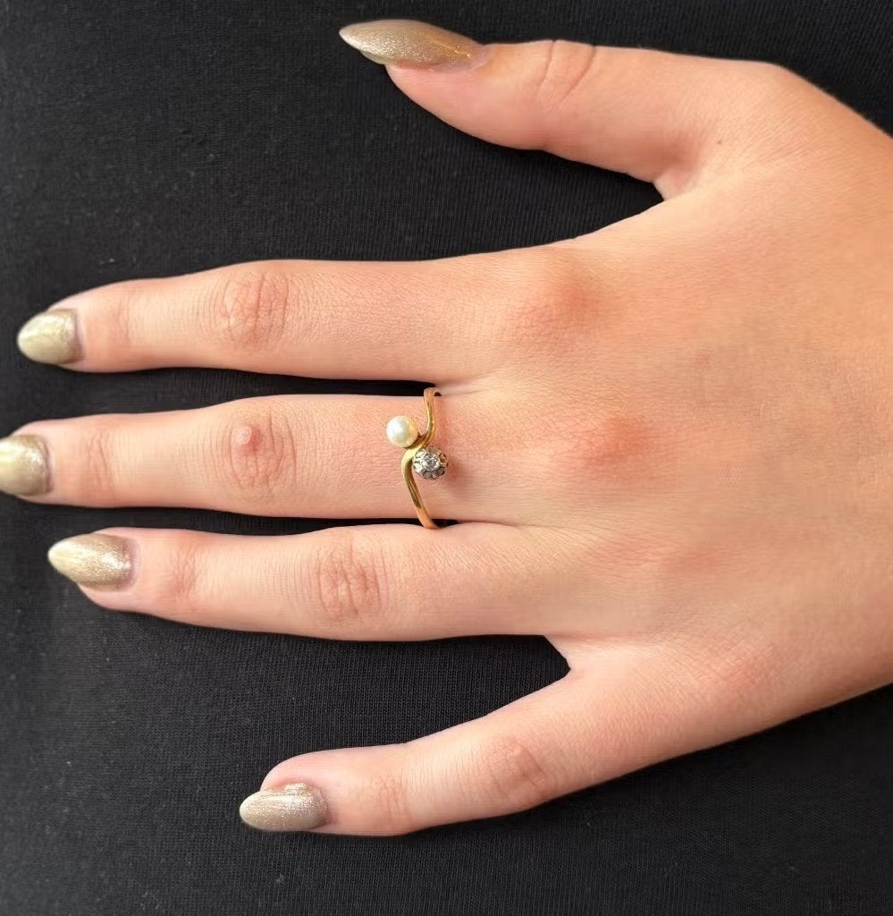 Diamant parel solitair 14k gouden moi et toi ring dame retro, Ophalen of Verzenden, Ring, Met edelsteen