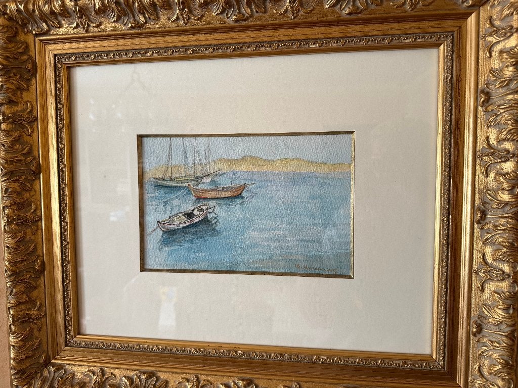 Schilderij - Aquarel boten, Aquarelle, Enlèvement, Classique, Sous verre