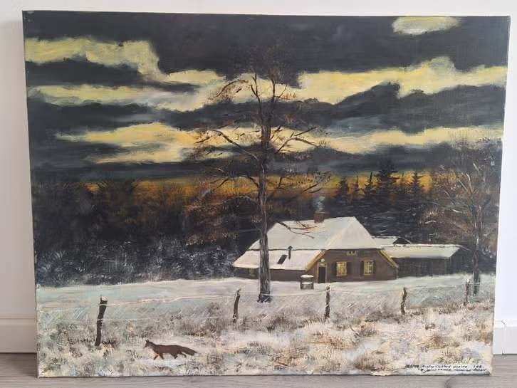 Schilderij: Winterlandschap met jachthuis en vos, Doek, Realistisch, Ophalen of Verzenden, Landschap