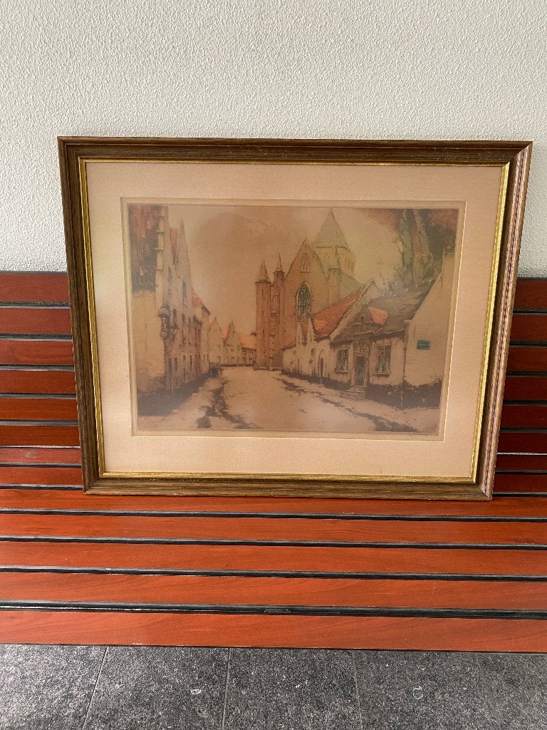 Oude straat in Brugge, gesigneerd door J. Hebbelynck, Signé, 73 cm, Eau-forte, 90 cm