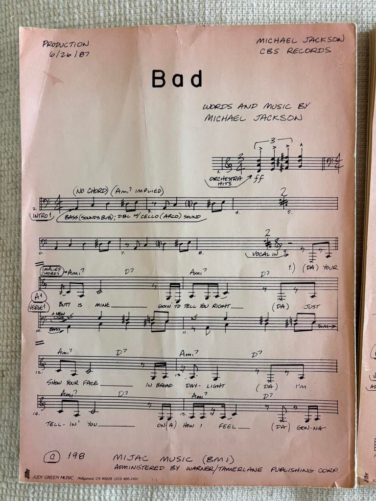 Michael Jackson studio sheets Bad & Mirror + provenance, Ophalen