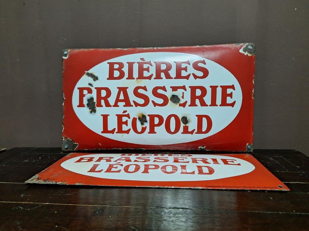 Duo plaque émaillées avant 1927 Bières Leopold Bruxelles, Enlèvement ou Envoi, Utilisé, Panneau publicitaire