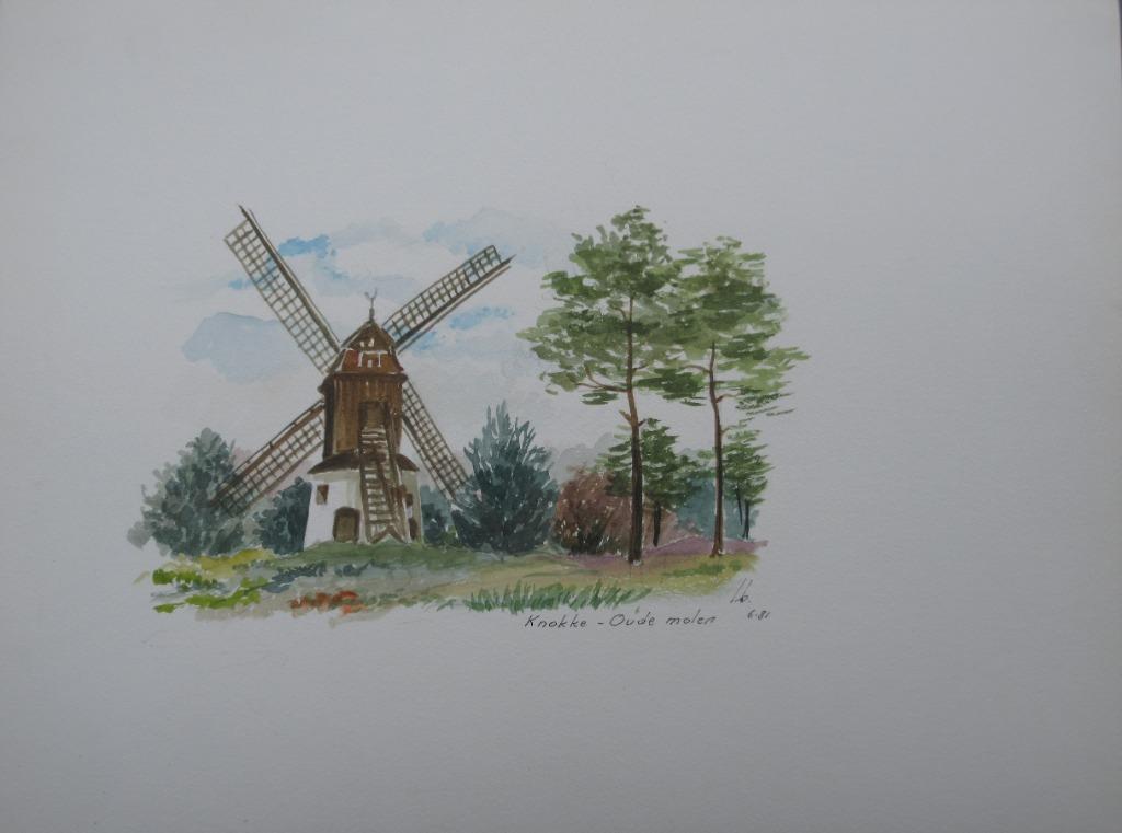 Aquarel L. Boschmans: Knokke Oude Molen, Antiek en Kunst, Kunst | Schilderijen | Klassiek, Ophalen of Verzenden