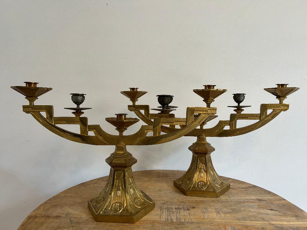 Paar vergulde bronzen kandelaars uit de ART DECO-periode, Ophalen of Verzenden, Brons
