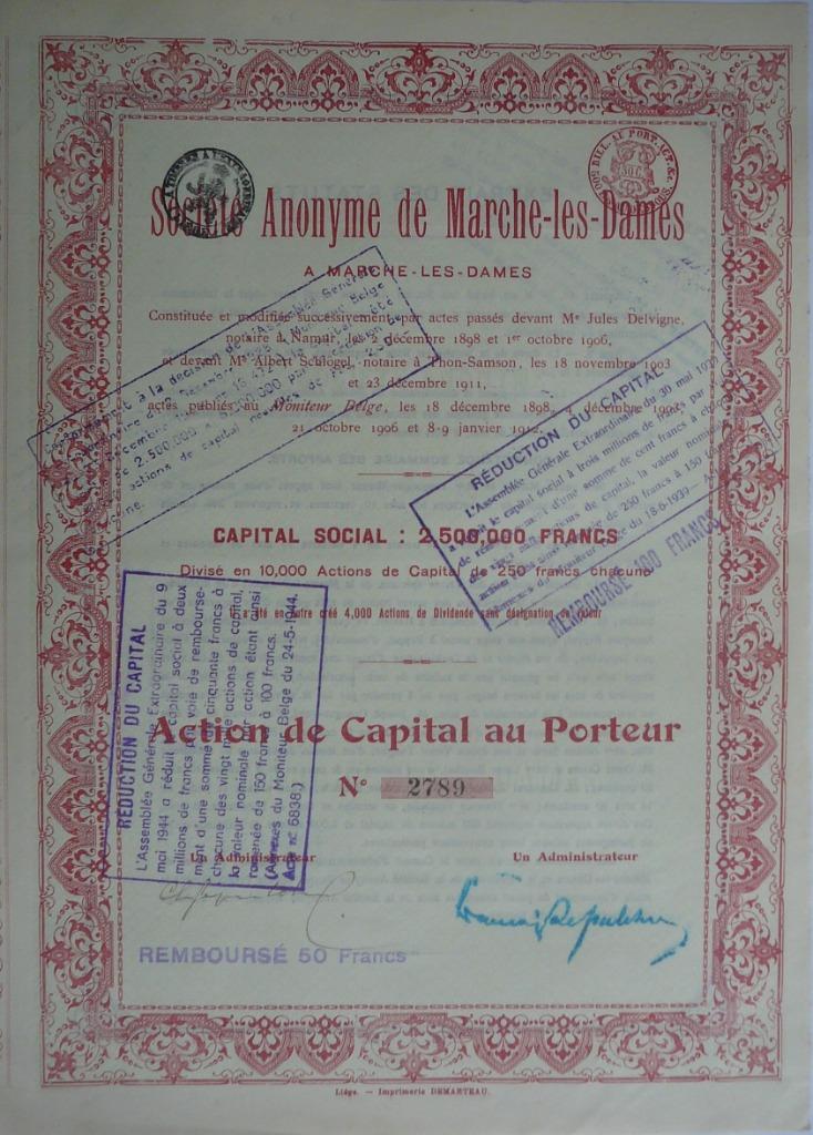 S.A. de Marche-Les -Dames à M.Les.dames - act.de capital ., Enlèvement ou Envoi, Avant 1920, Action