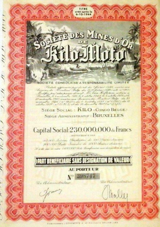 Titre du Congo Belge de la " Société Mine d'Or Kilo Moto ", Ophalen of Verzenden, 1940 tot 1960