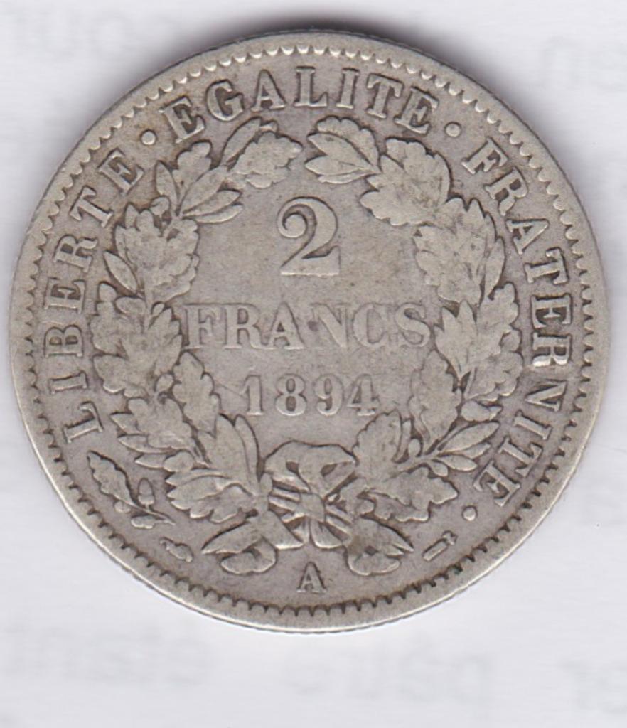 Franse munt: 2 frank 1894 A - zilver, Ophalen of Verzenden, Frankrijk, Losse munt, Zilver