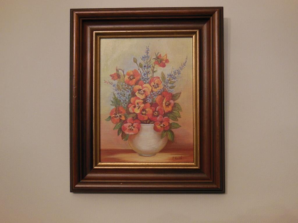 schilderij, olieverf op doek, viooltjes, gesigneerd Huwel, Antiek en Kunst, Ophalen of Verzenden