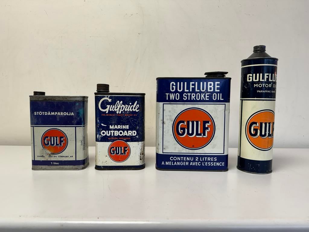 Anciens bidons d'huile Gulf, Collections, Marques & Objets publicitaires, Utilisé, Emballage, Enlèvement ou Envoi