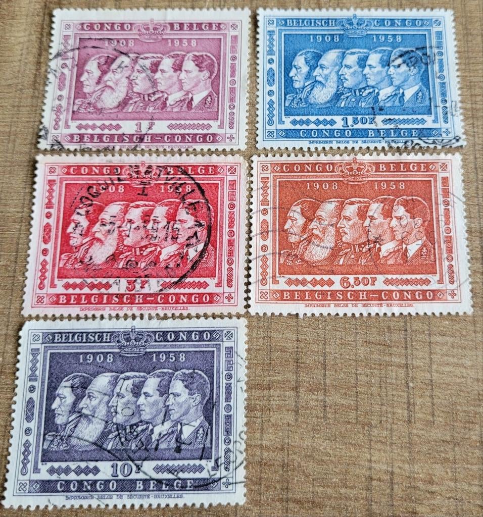 5 oude postzegels: Belgische koningen - Belgisch-Congo, Enlèvement ou Envoi, Affranchi, Timbre-poste, Maison royale