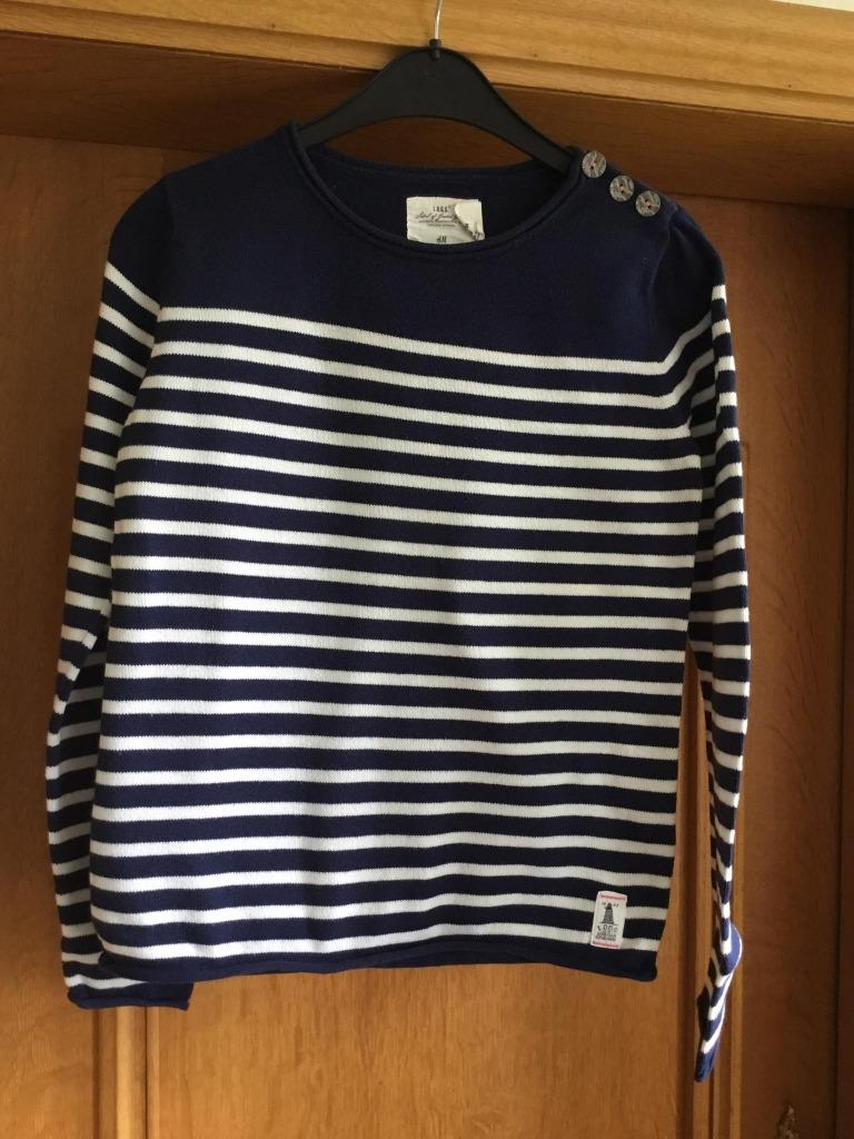 Pull H&M coton ligné bleu marine et blanc 14 ans +, Kinderen en Baby's, Kinderkleding | Maat 164, Gebruikt, Meisje, Trui of Vest