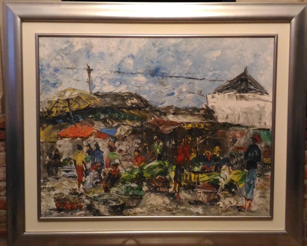 Scène de marché africaine à l'huile / toile, Antiquités & Art, Art | Peinture | Moderne, Enlèvement
