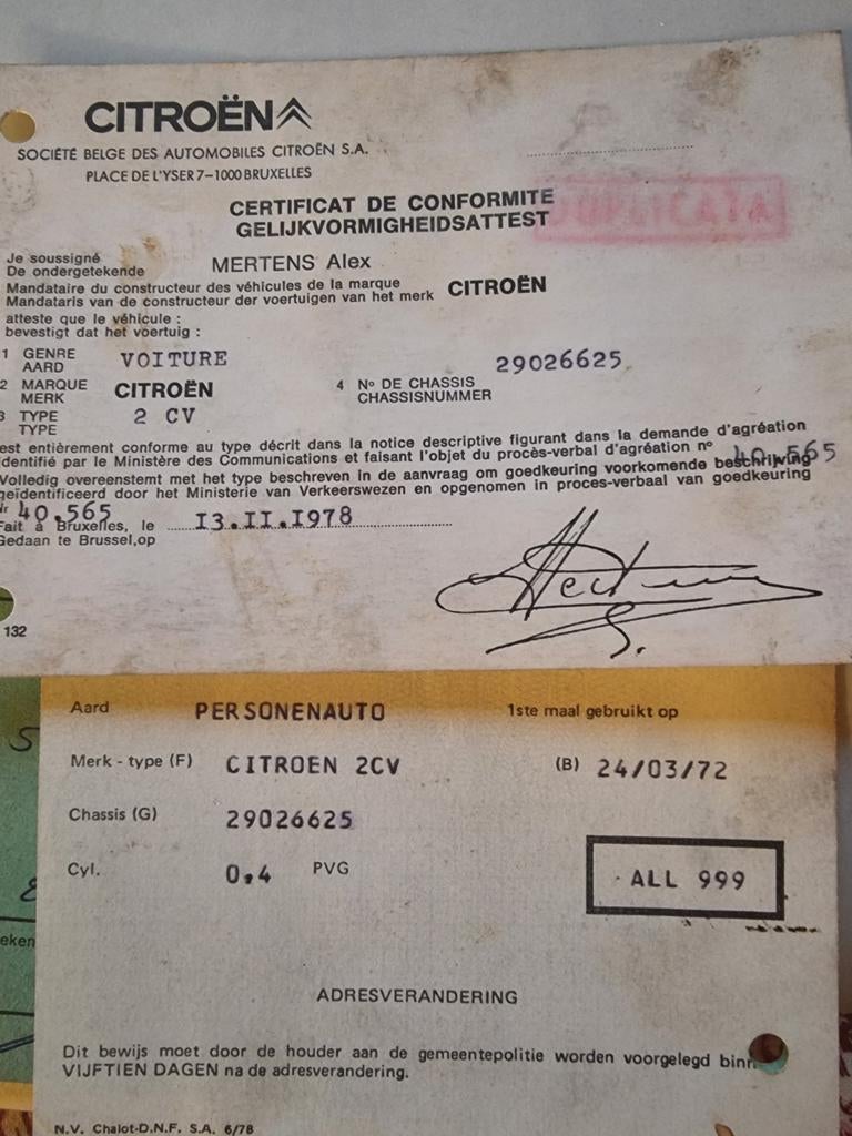 Citroën 2Pk4/6 Inschrijving bewijs gelijkvomigheids attest, Auto diversen, Ophalen of Verzenden