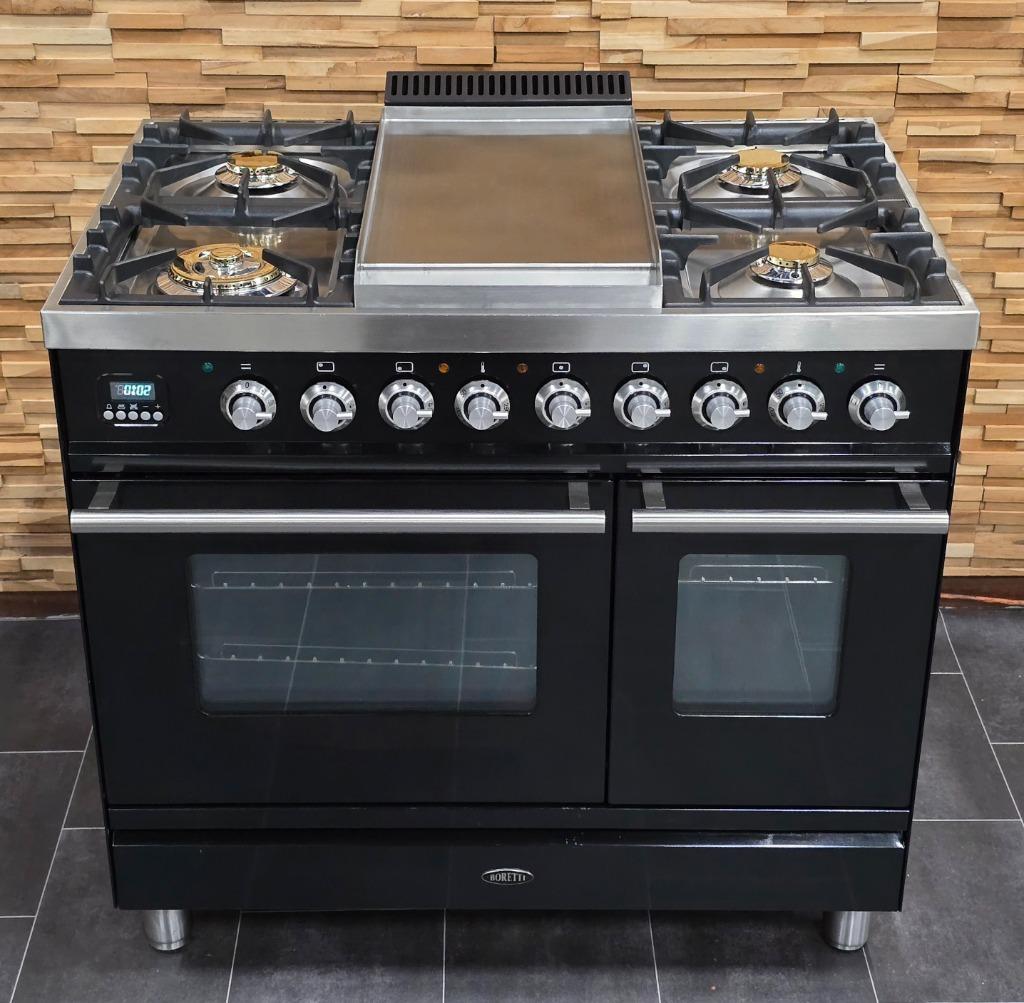 🔥Poêle Boretti de luxe 90 cm noir brillant + 2 fours en ac, Gaz, Classe énergétique A ou plus économe, Enlèvement ou Envoi, 85 à 90 cm