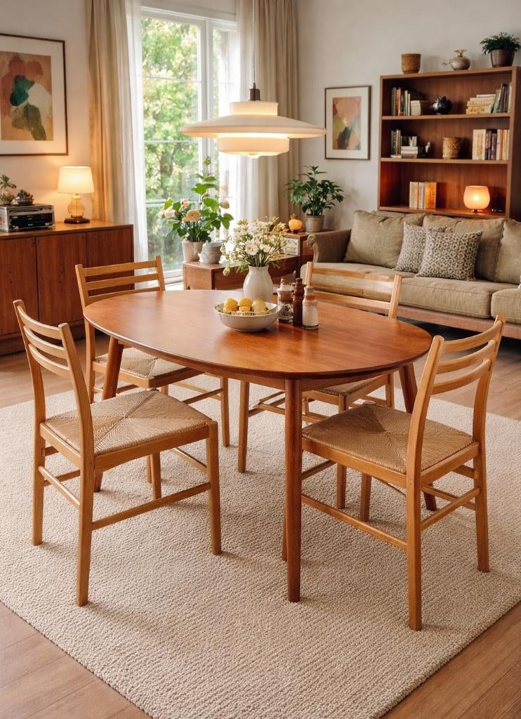 Prachtige set (4) vintage papercord stoelen, Huis en Inrichting, Stoelen, Gebruikt, Zwart, Midcentury, Hout