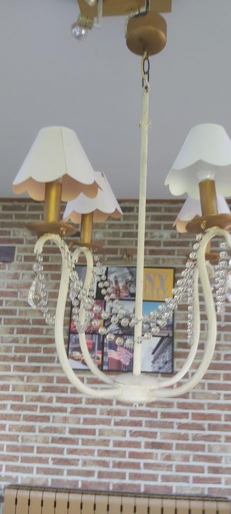 Retro metalen kroonluchter in gebroken wit/goud, Huis en Inrichting, Lampen | Kroonluchters, Ophalen, Zo goed als nieuw, Glas